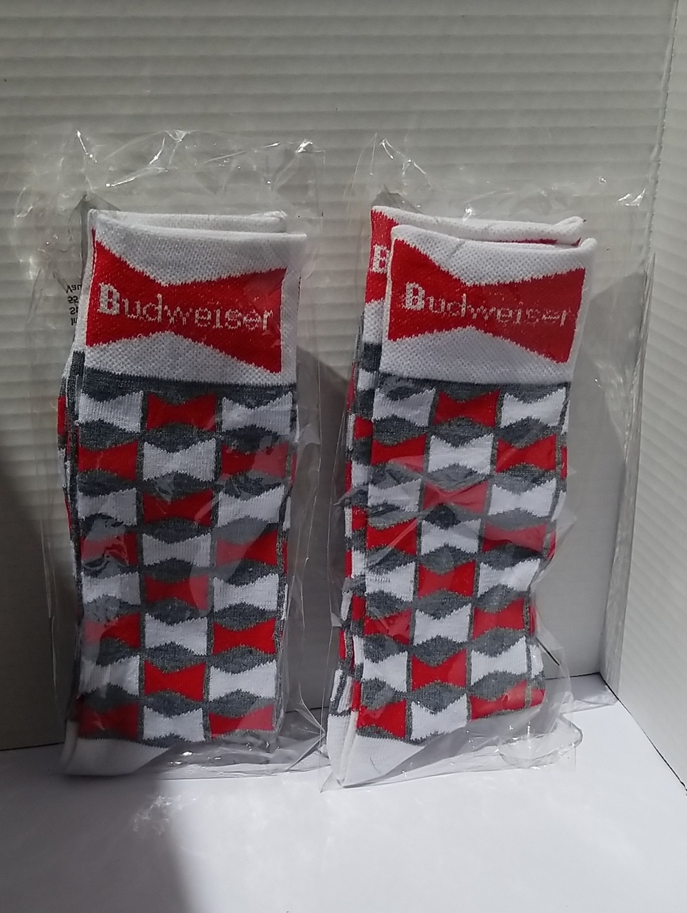 Mens Dress Socks Budweiser 2 Pairs Red White Gray Checkered New
